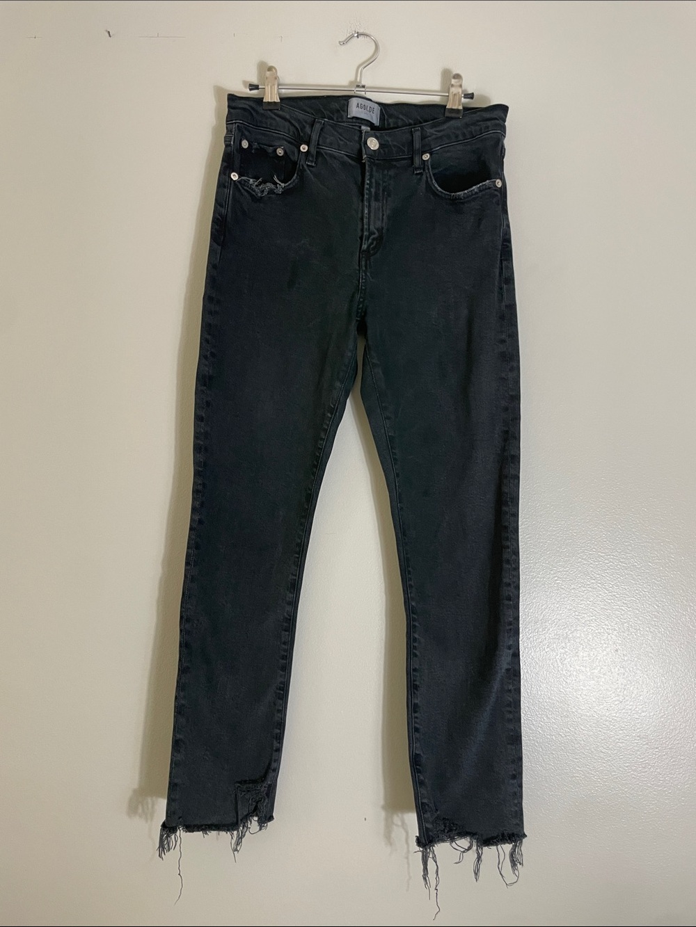 AGOLDE Los Angeles Black Distressed Raw Hem Straight Jeans Size 28